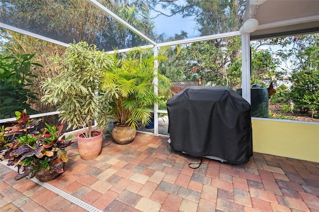 view of patio / terrace featuring glass enclosure and grilling area