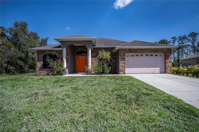 ranch-style house with stone siding, concrete driveway, an attached garage, and a front lawn