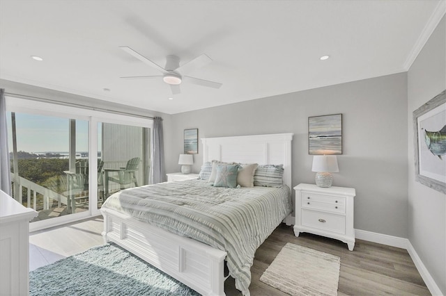 bedroom with recessed lighting, a ceiling fan, wood finished floors, access to outside, and baseboards