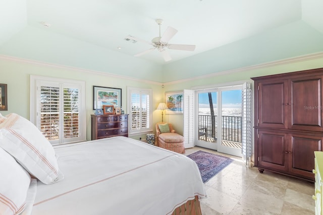 bedroom featuring ceiling fan, access to outside, a raised ceiling, and visible vents