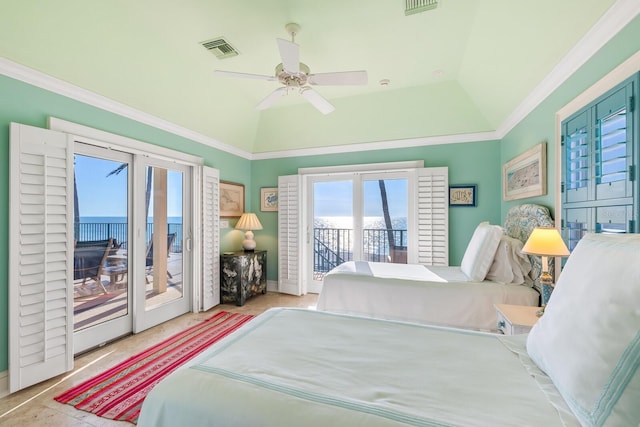 bedroom featuring access to outside, visible vents, and vaulted ceiling