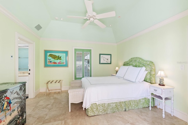 bedroom with baseboards, visible vents, vaulted ceiling, and ornamental molding