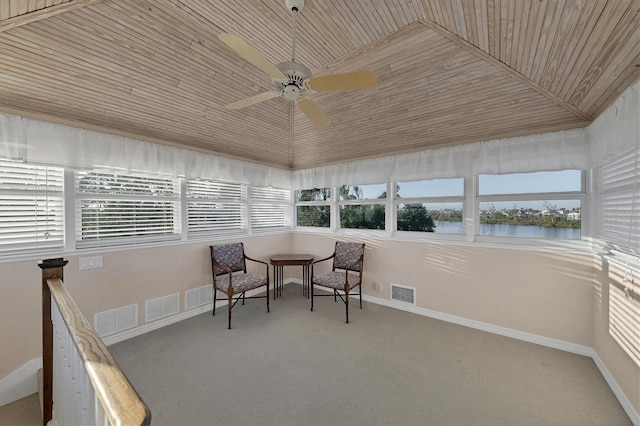 sunroom featuring wood ceiling, a healthy amount of sunlight, and visible vents