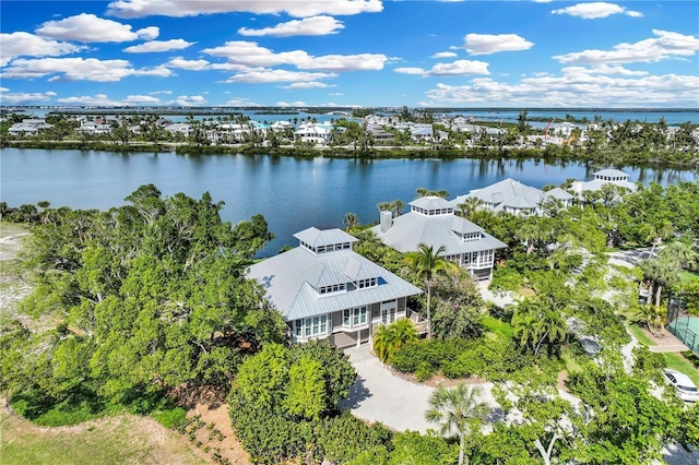 bird's eye view with a water view