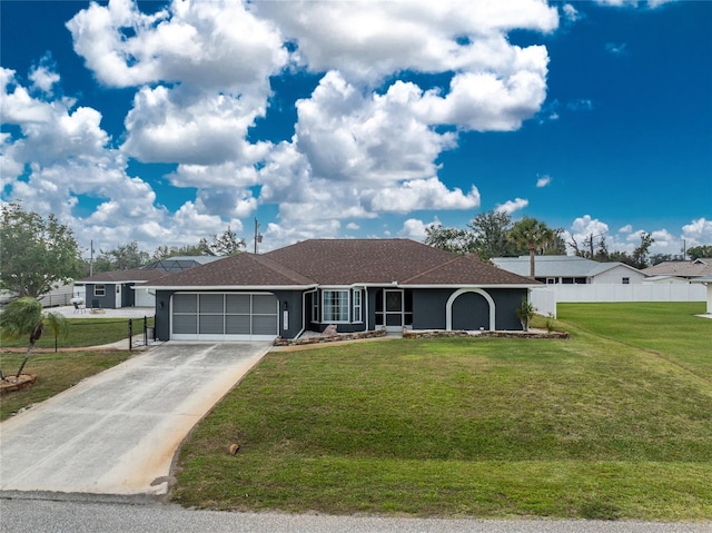 ranch-style house with fence, driveway, stucco siding, a front lawn, and a garage