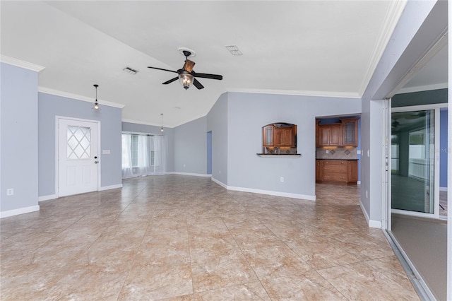 unfurnished living room featuring visible vents, baseboards, ceiling fan, and crown molding