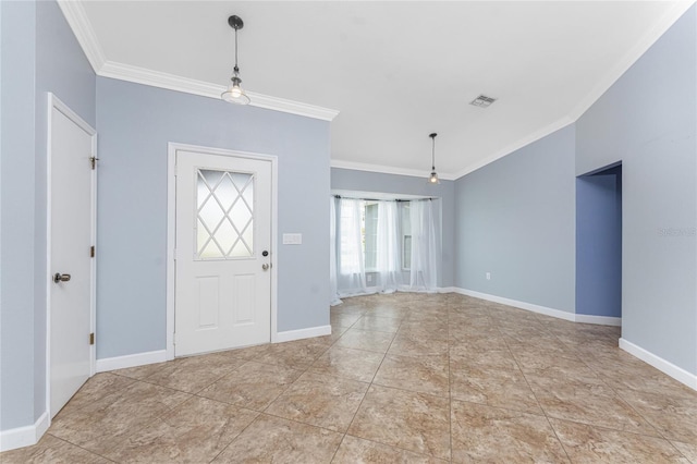 tiled foyer with visible vents, baseboards, and crown molding