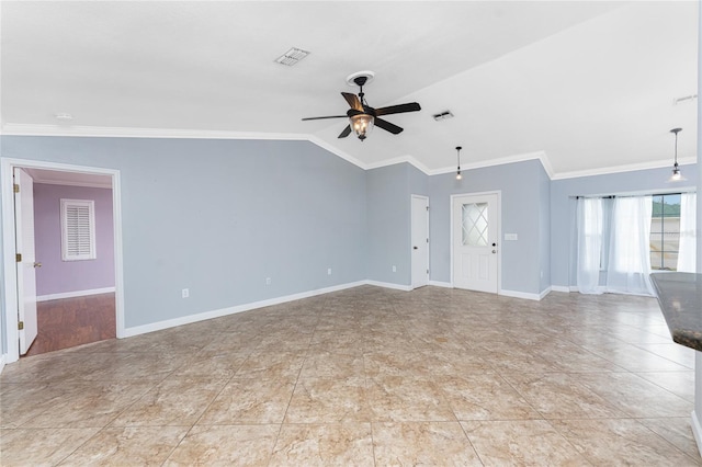 unfurnished living room featuring visible vents, ornamental molding, a ceiling fan, baseboards, and lofted ceiling