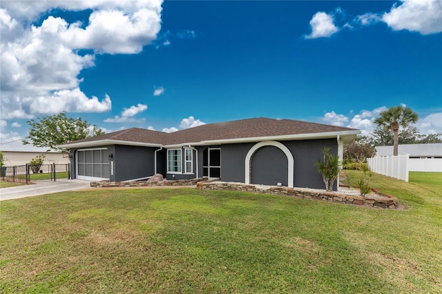 ranch-style home featuring stucco siding, driveway, an attached garage, and fence