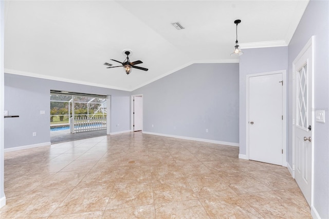 unfurnished room with visible vents, baseboards, ceiling fan, ornamental molding, and vaulted ceiling