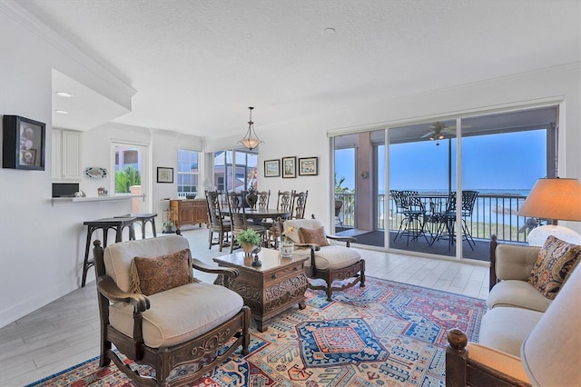 living area featuring a textured ceiling, ornamental molding, wood finished floors, and baseboards