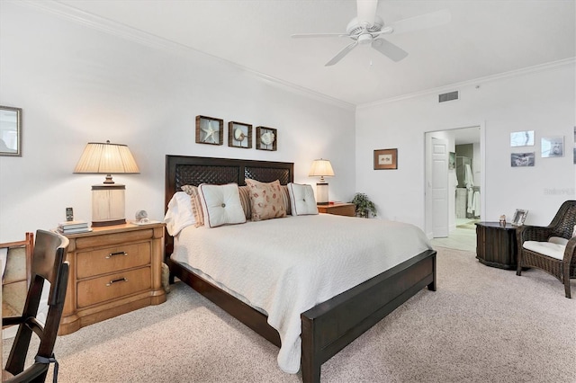 bedroom with light carpet, ornamental molding, visible vents, and a ceiling fan