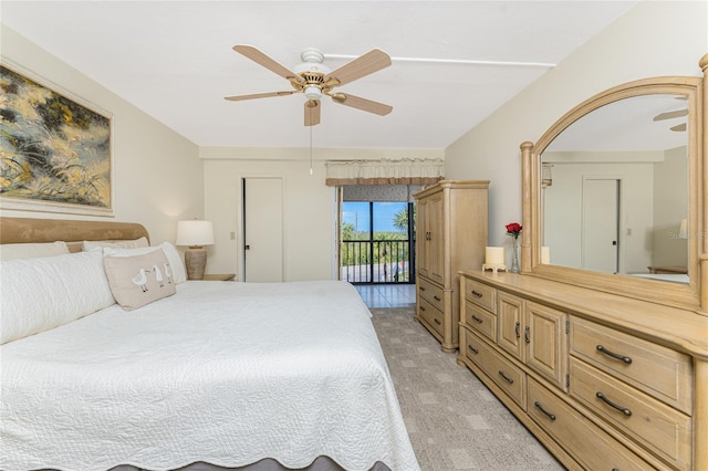 bedroom with light carpet, a ceiling fan, and access to exterior