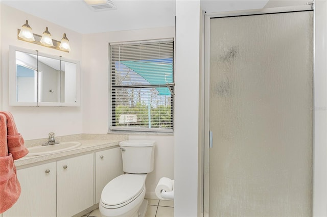 full bathroom with toilet, a stall shower, vanity, and visible vents