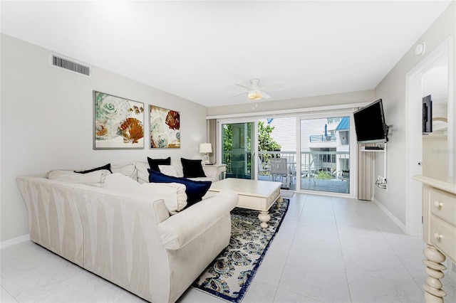 living area featuring visible vents, ceiling fan, and baseboards