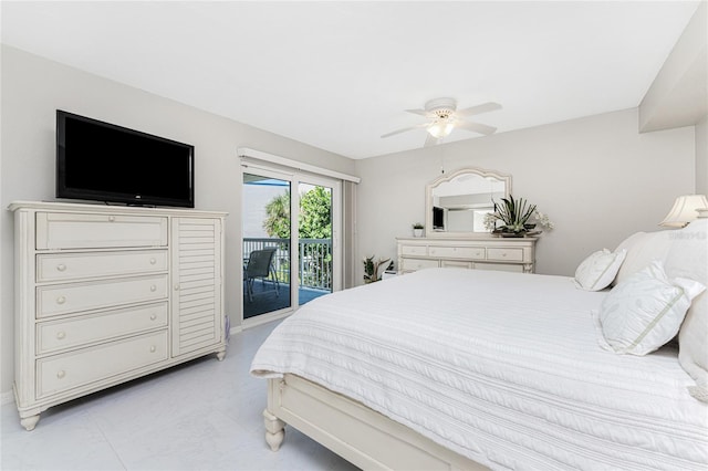 bedroom with access to outside and a ceiling fan