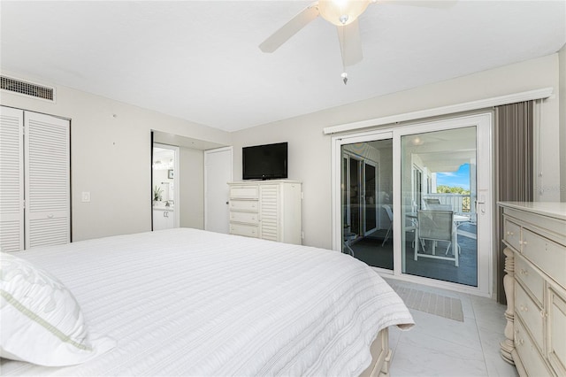 bedroom with ceiling fan, visible vents, access to exterior, marble finish floor, and a closet