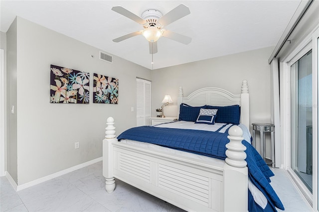 bedroom with baseboards, visible vents, ceiling fan, marble finish floor, and a closet