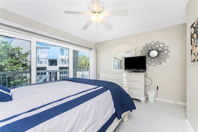 bedroom featuring marble finish floor, ceiling fan, access to exterior, and baseboards