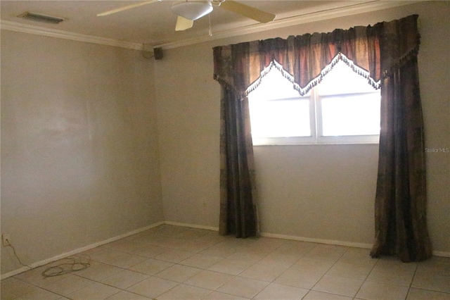 unfurnished room featuring crown molding, light tile patterned floors, a ceiling fan, and visible vents