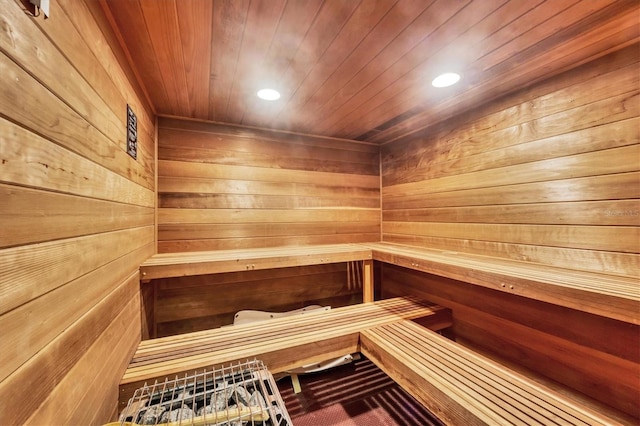 view of sauna featuring recessed lighting