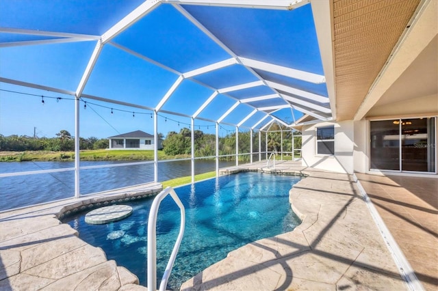 outdoor pool with a lanai, a water view, and a patio