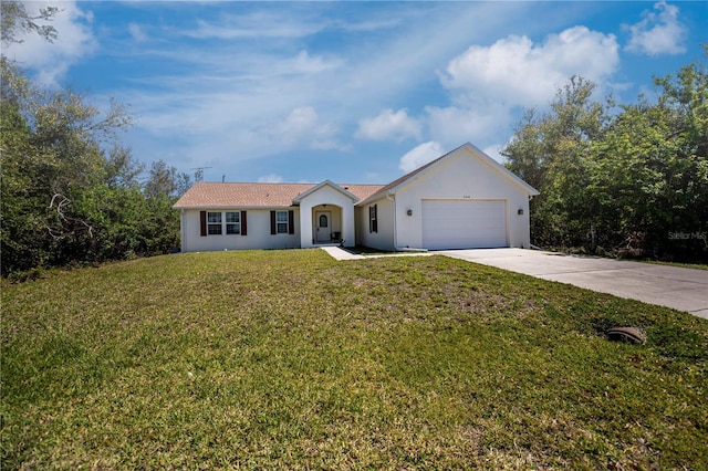 ranch-style house with a front yard, an attached garage, concrete driveway, and stucco siding