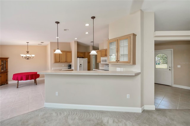 kitchen featuring white appliances, light tile patterned flooring, light countertops, glass insert cabinets, and baseboards