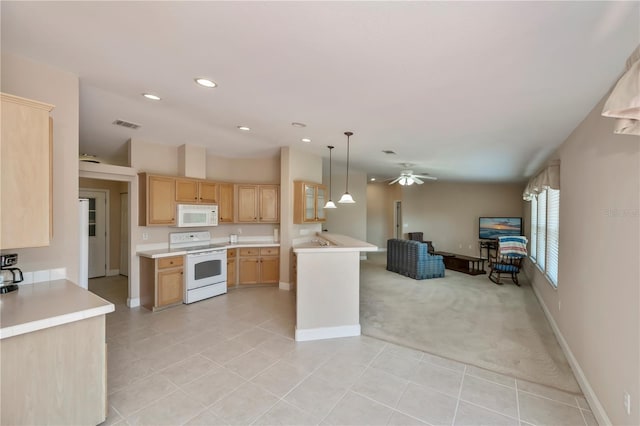 kitchen featuring white appliances, ceiling fan, light brown cabinetry, light countertops, and open floor plan