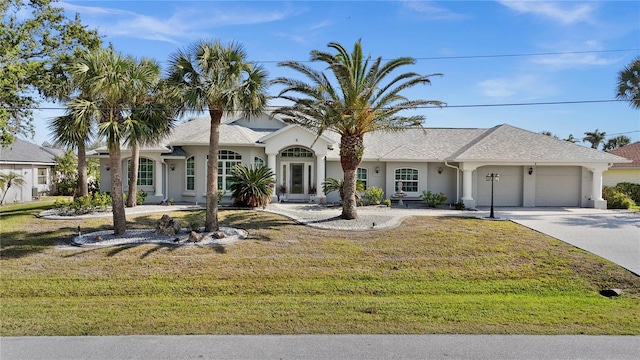 view of front facade with stucco siding, an attached garage, and a front yard