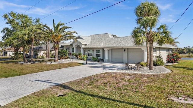 view of front of property with a front yard, an attached garage, driveway, and stucco siding