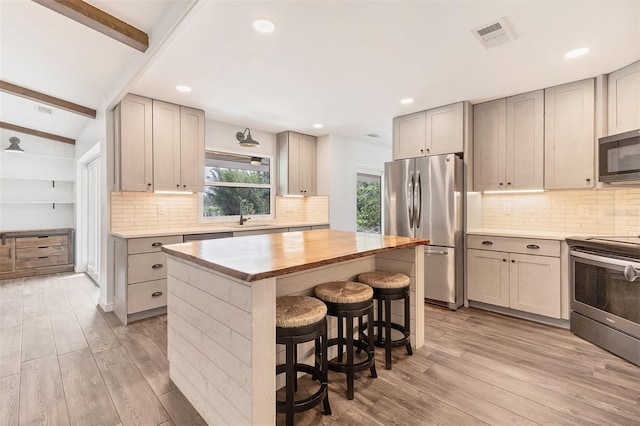 kitchen with light wood-style flooring, gray cabinets, stainless steel appliances, and wooden counters