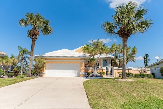 view of front of home featuring an attached garage, fence, concrete driveway, stucco siding, and a front lawn