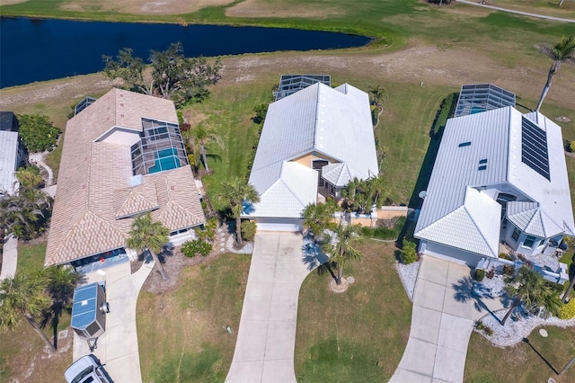 aerial view featuring a water view