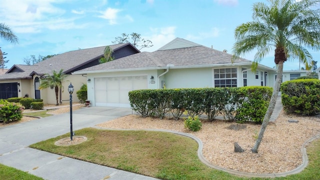 single story home featuring a shingled roof, concrete driveway, an attached garage, a front lawn, and stucco siding