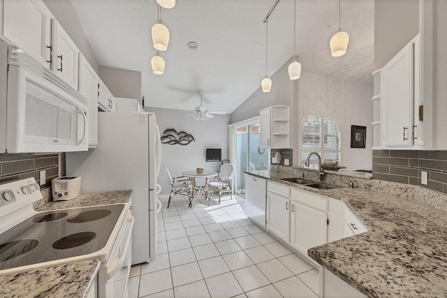 kitchen with open shelves, white appliances, a sink, and white cabinets