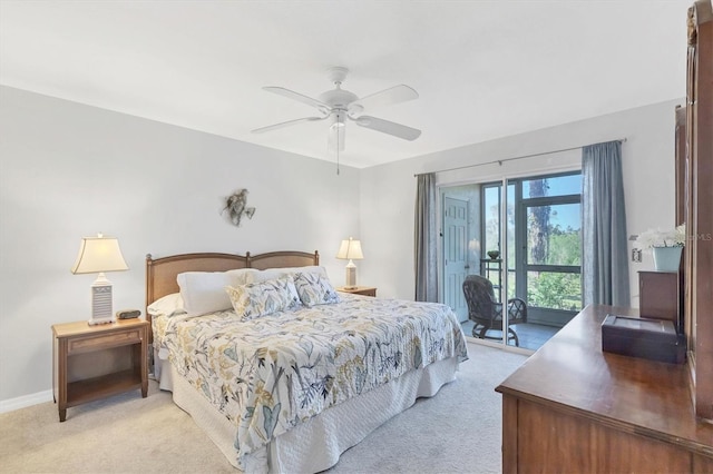 bedroom with access to exterior, ceiling fan, light carpet, and baseboards