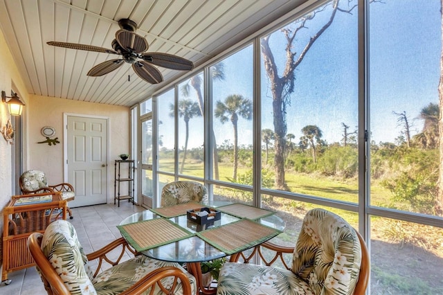 sunroom / solarium featuring wood ceiling and a ceiling fan