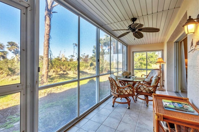 sunroom / solarium featuring wooden ceiling and a ceiling fan