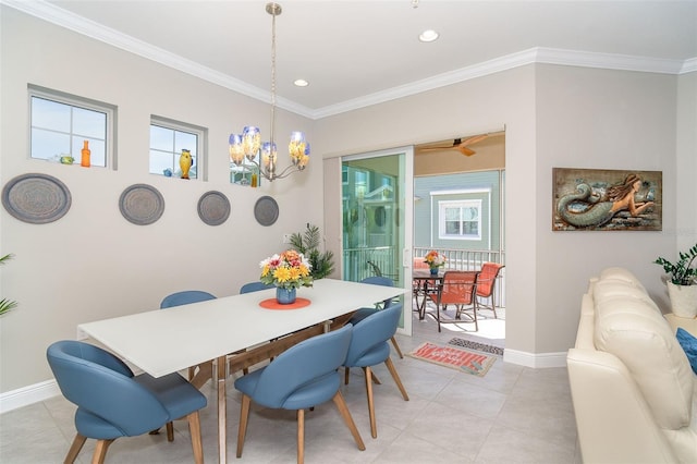 dining room featuring recessed lighting, baseboards, ornamental molding, an inviting chandelier, and light tile patterned flooring