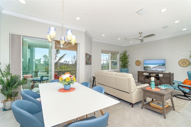 dining room featuring recessed lighting, visible vents, crown molding, and ceiling fan with notable chandelier