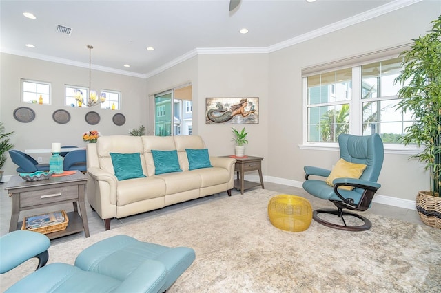 living room featuring crown molding, recessed lighting, visible vents, a chandelier, and baseboards