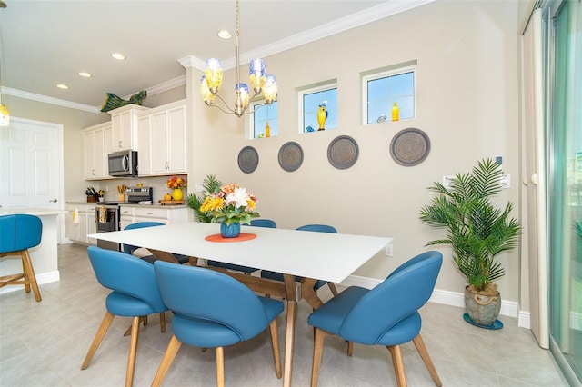 dining space featuring light tile patterned floors, baseboards, ornamental molding, a notable chandelier, and recessed lighting