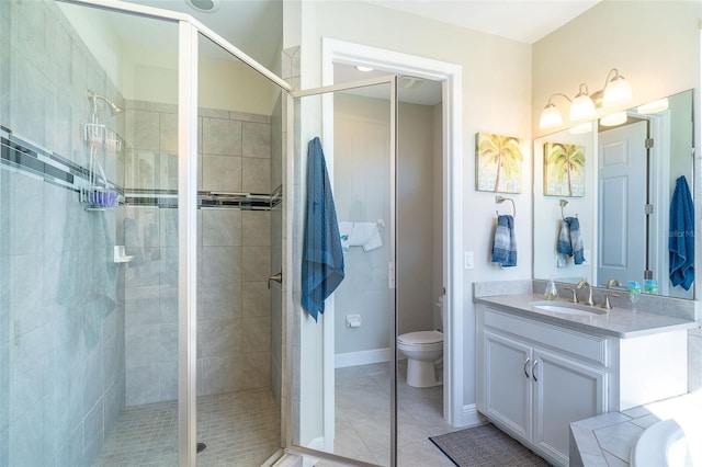 full bath featuring toilet, a shower stall, vanity, and tile patterned floors