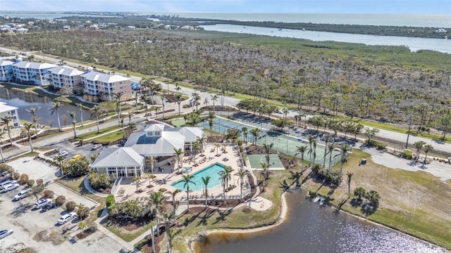 aerial view featuring a water view