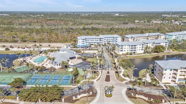 bird's eye view with a water view