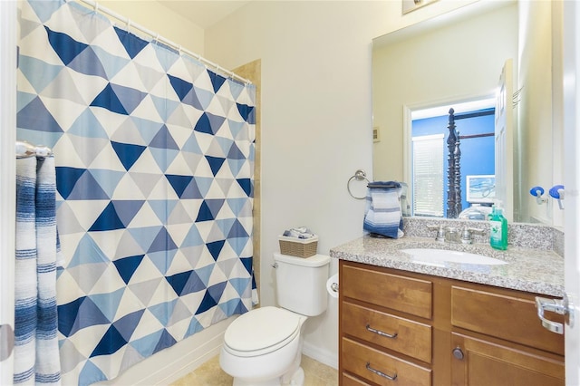 full bath featuring toilet, curtained shower, tile patterned floors, and vanity