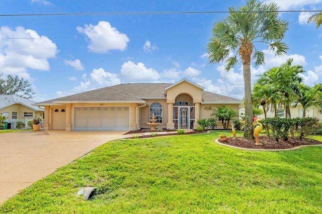 view of front facade featuring an attached garage, driveway, a front lawn, and stucco siding