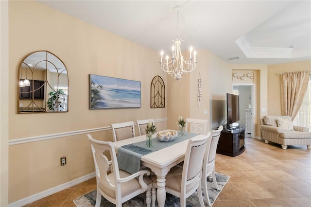 dining area with baseboards, visible vents, a raised ceiling, an inviting chandelier, and light tile patterned flooring