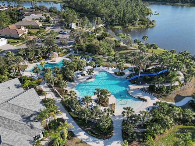 drone / aerial view featuring a water view